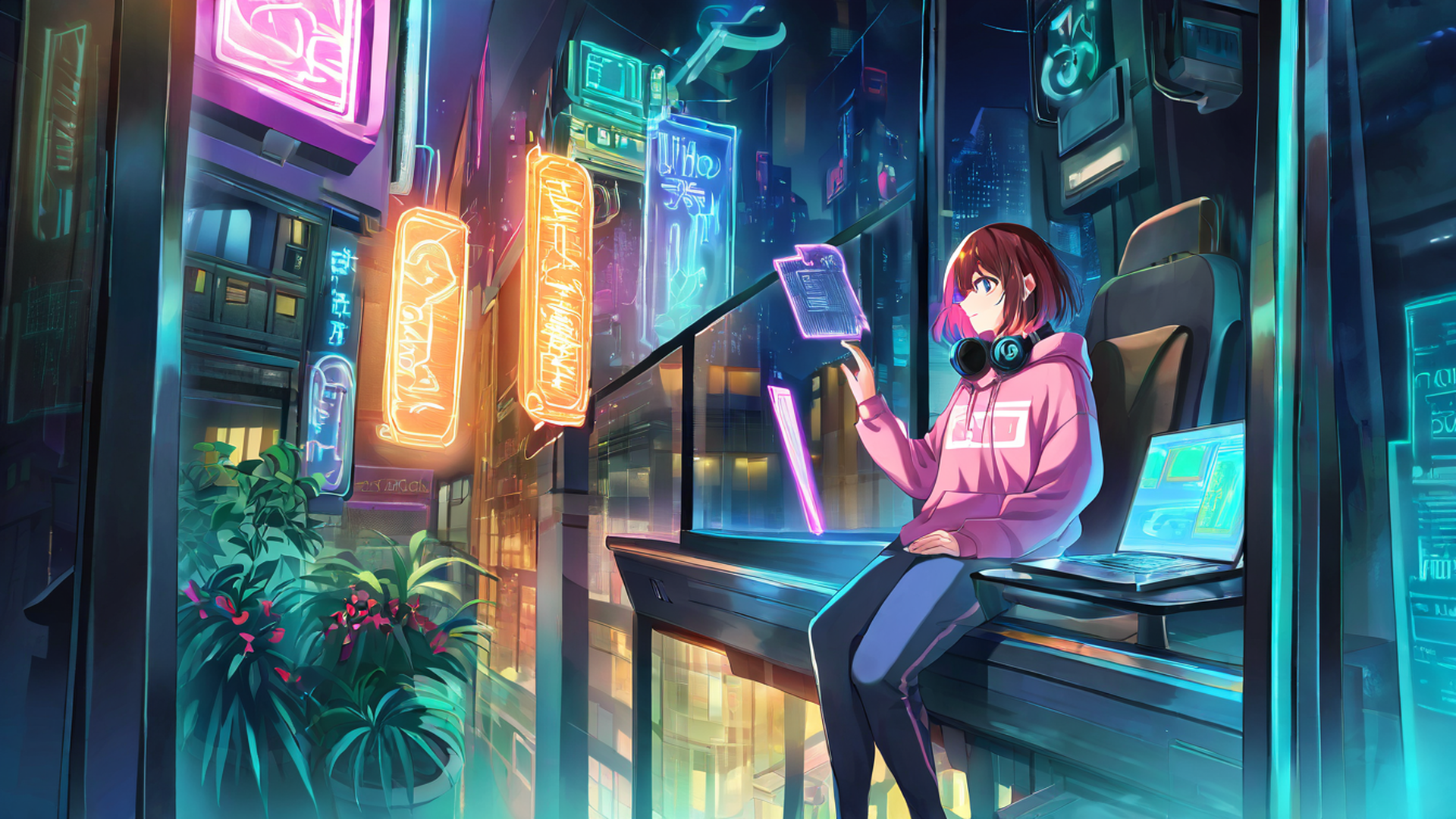 cyberpunk girl neon cafe lofi wallpaper