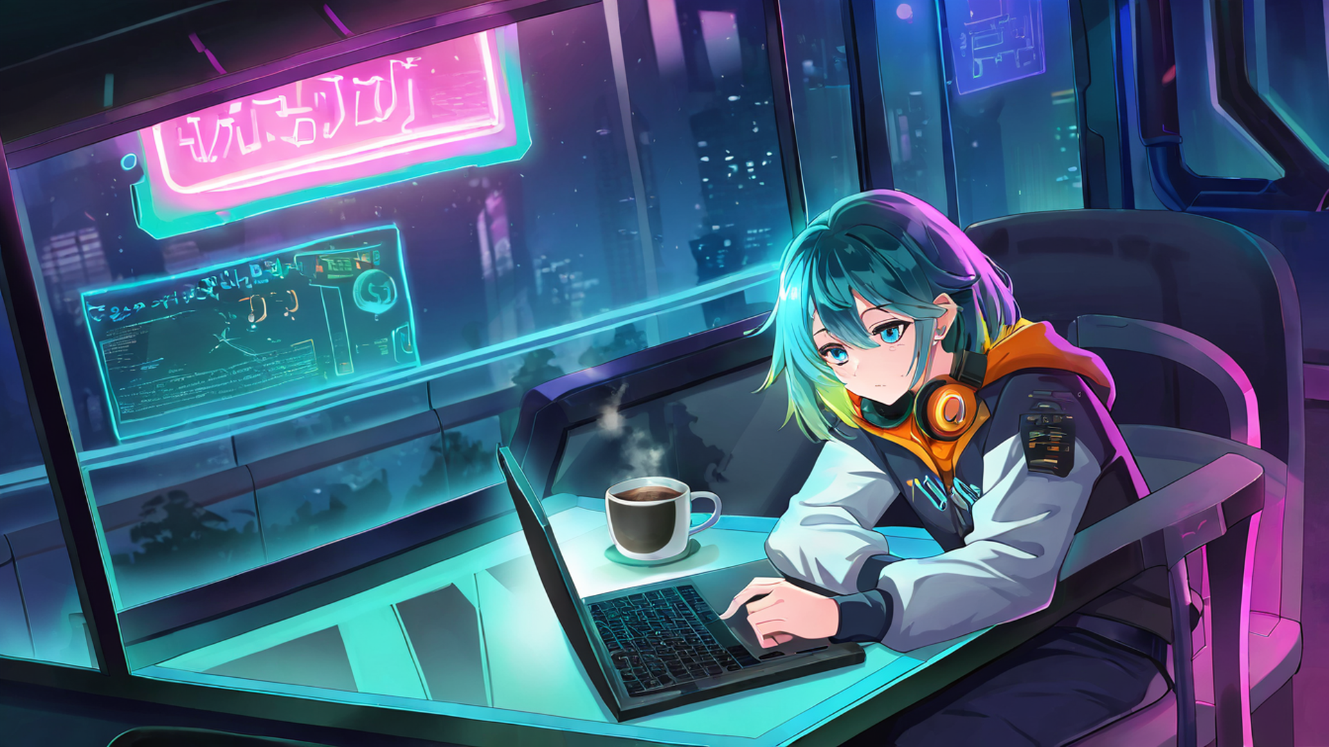 cyberpunk girl neon cafe lofi wallpaper