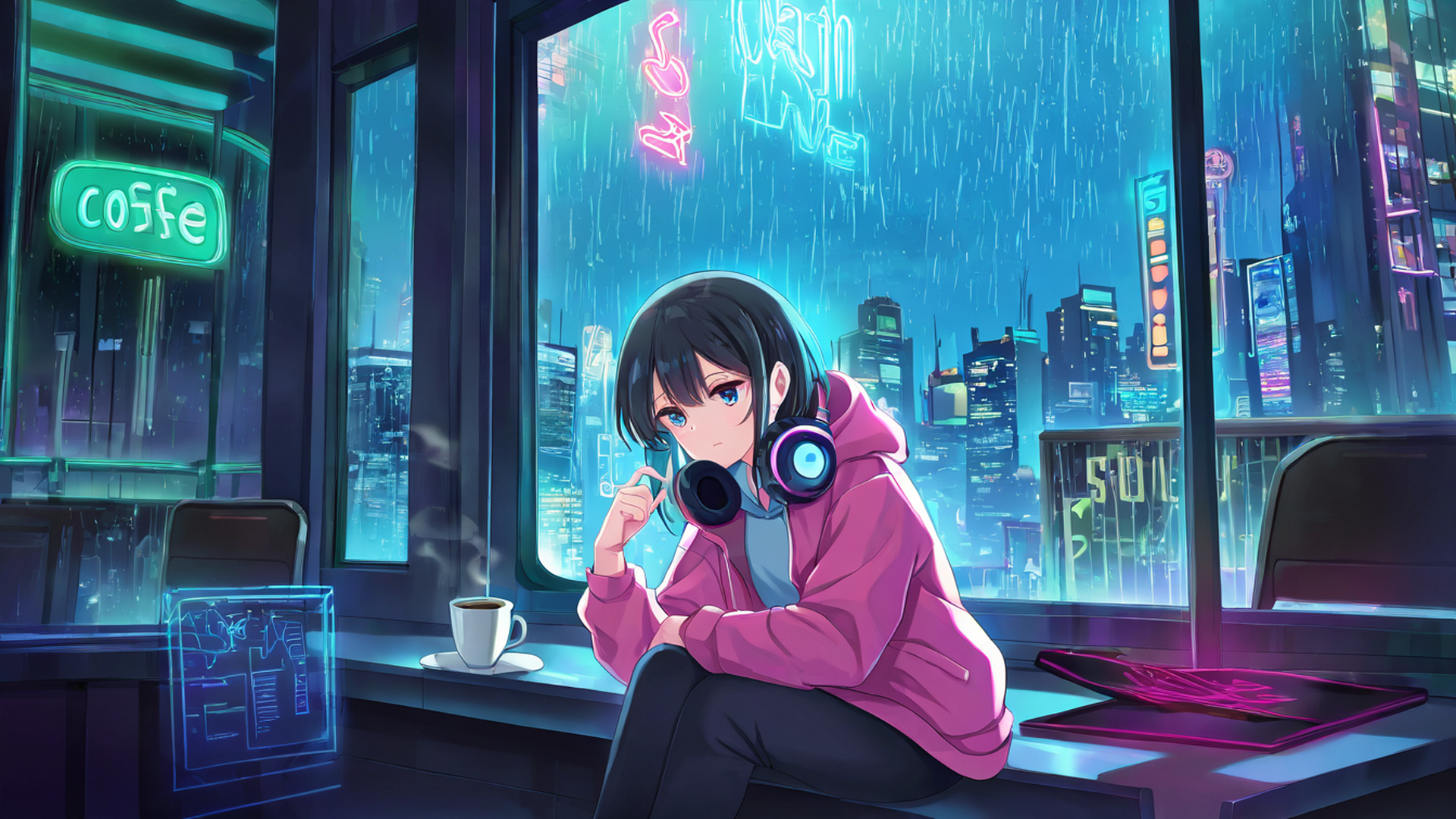 cyberpunk girl neon cafe lofi wallpaper