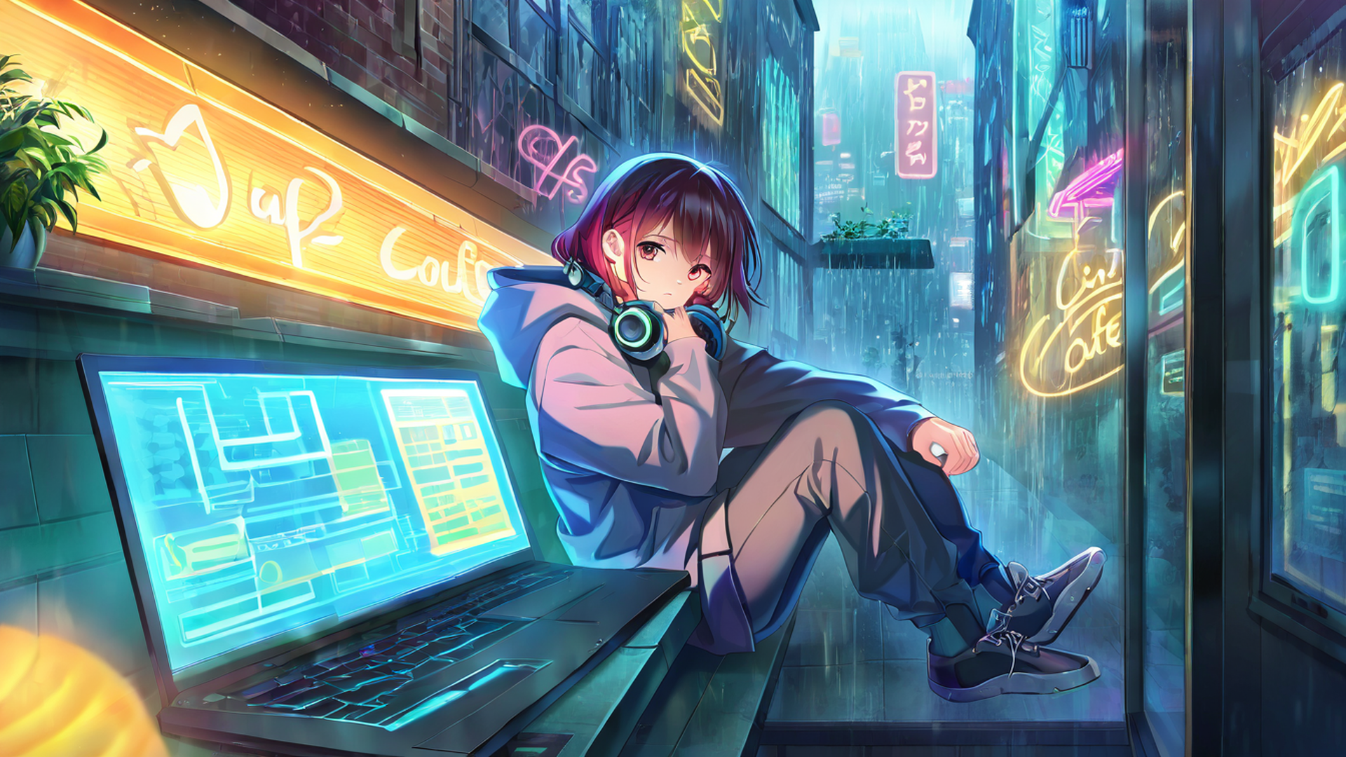 cyberpunk girl neon cafe lofi wallpaper
