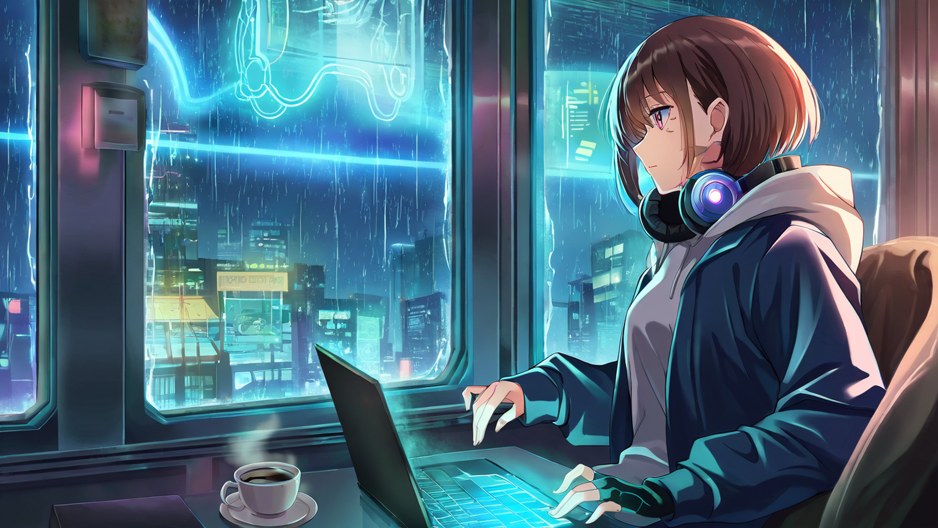 cyberpunk girl neon cafe lofi wallpaper