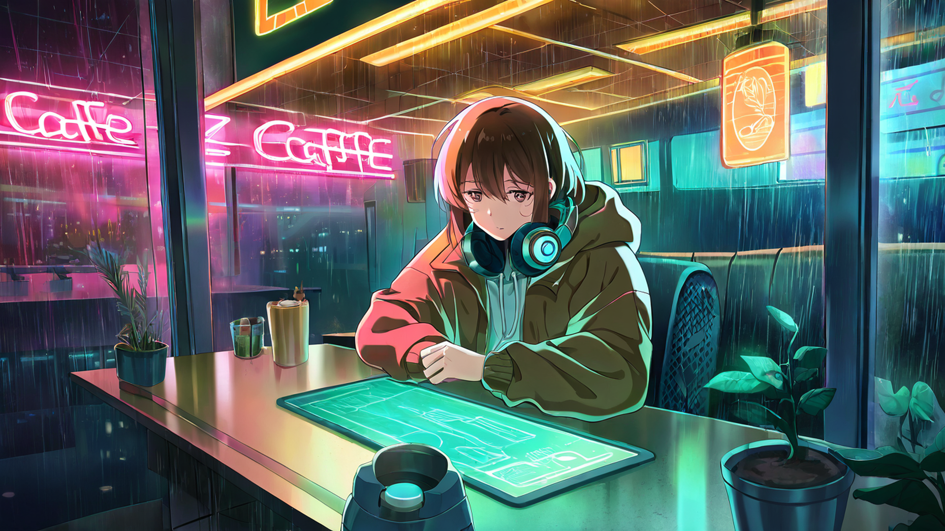 cyberpunk girl neon cafe lofi wallpaper