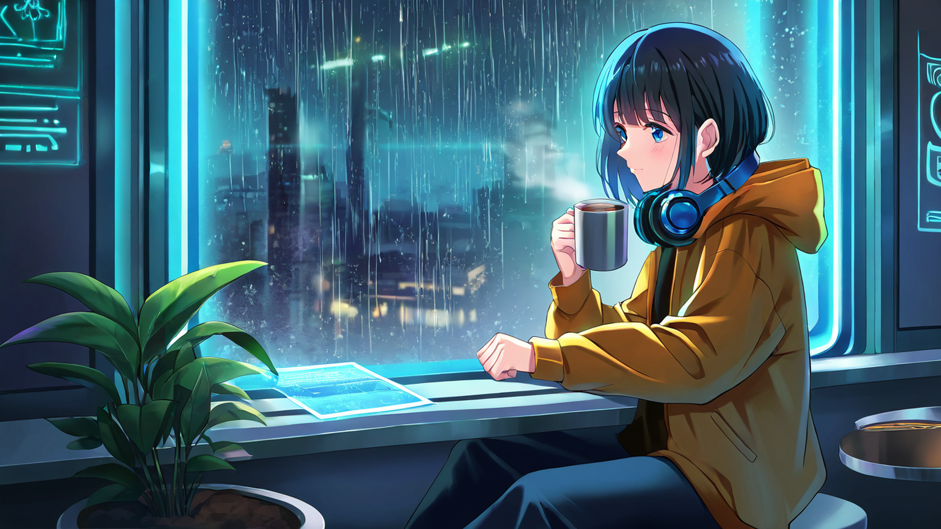 cyberpunk girl neon cafe lofi wallpaper