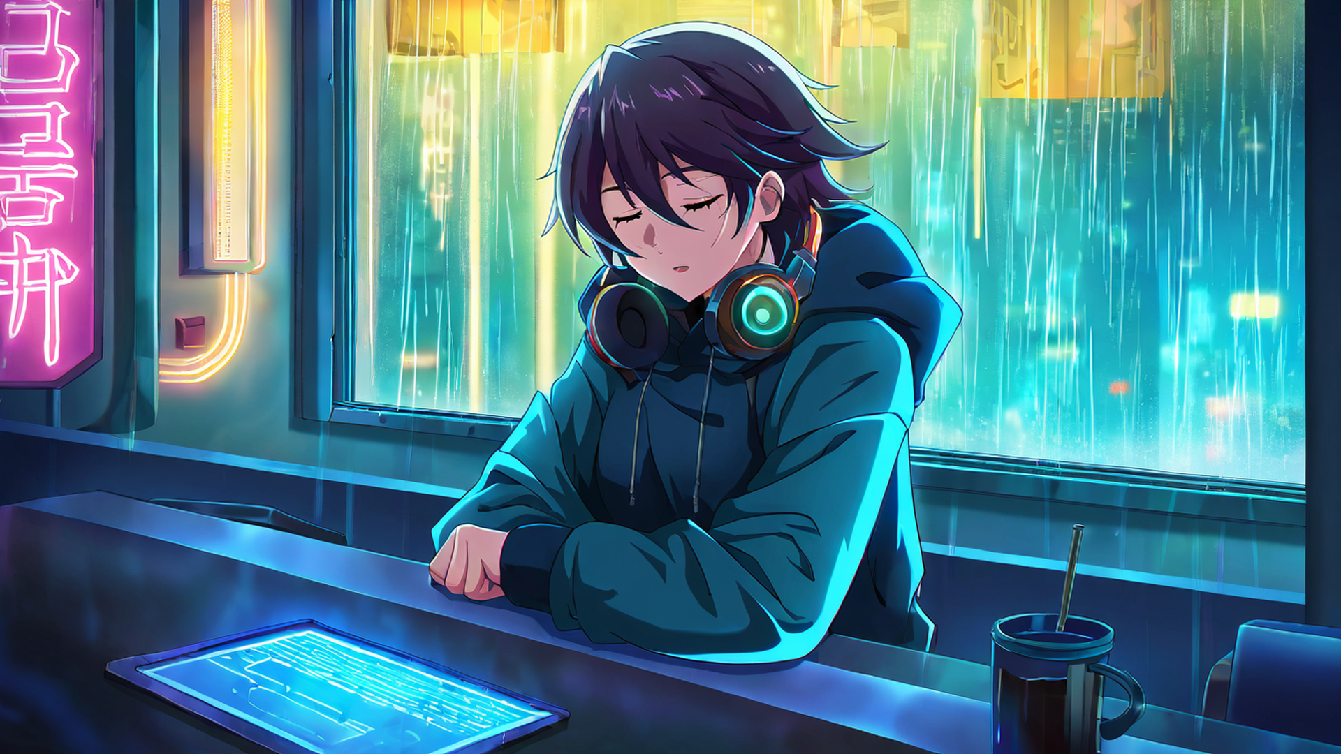 cyberpunk girl neon cafe lofi wallpaper