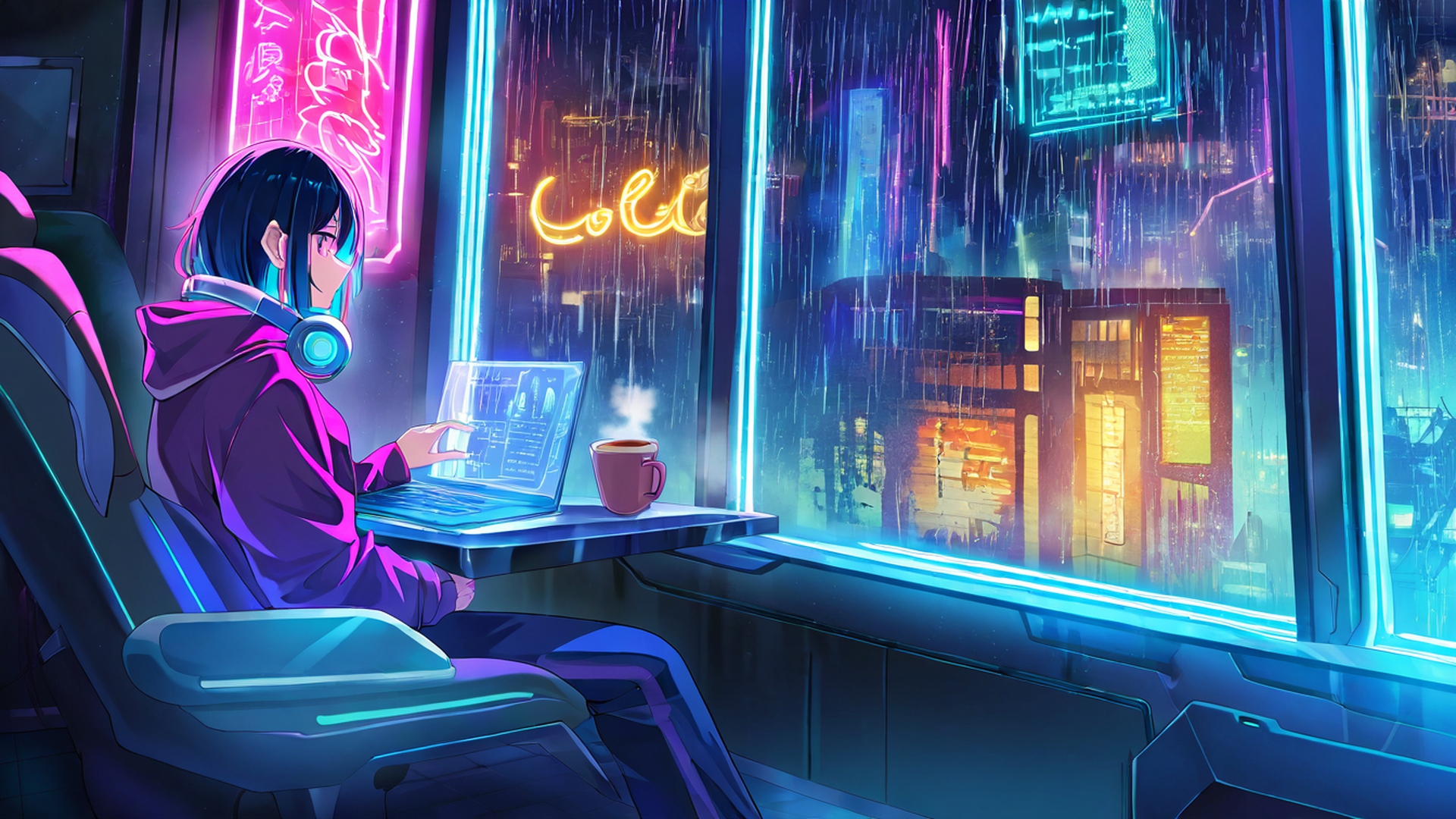 cyberpunk girl neon cafe lofi wallpaper