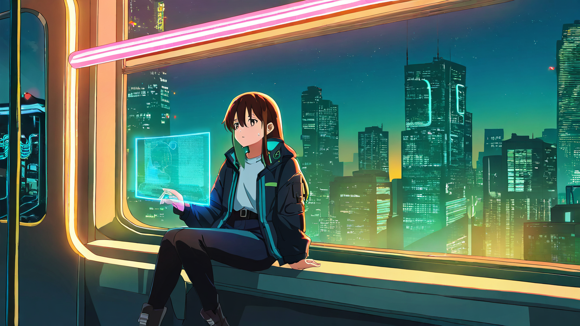 cyberpunk girl train lofi wallpaper