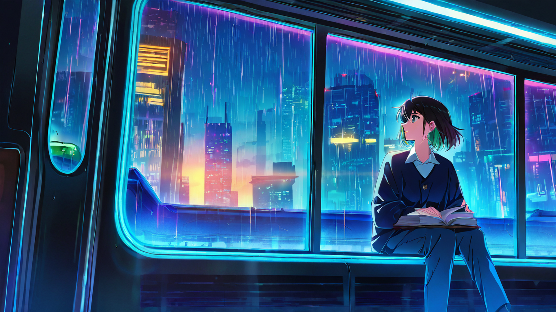 cyberpunk girl train lofi wallpaper