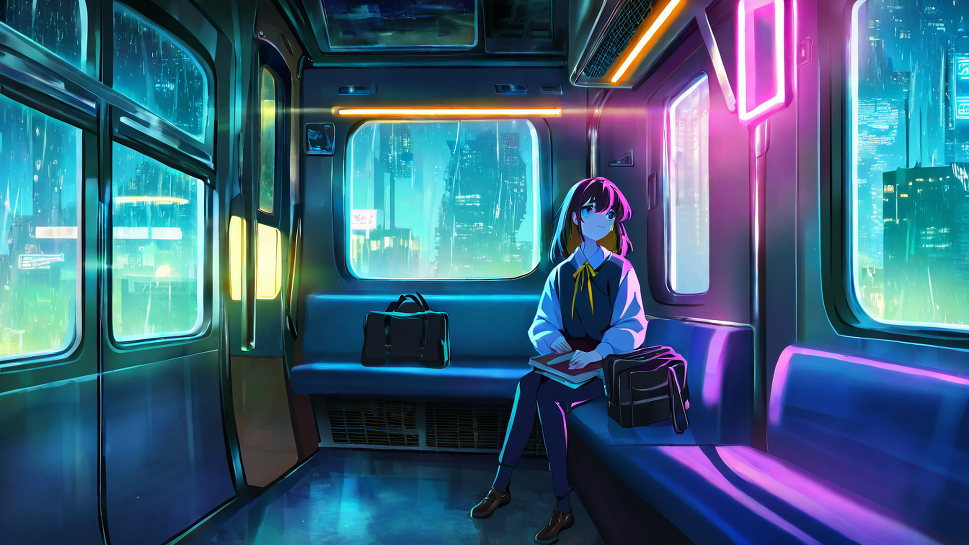 cyberpunk girl train lofi wallpaper
