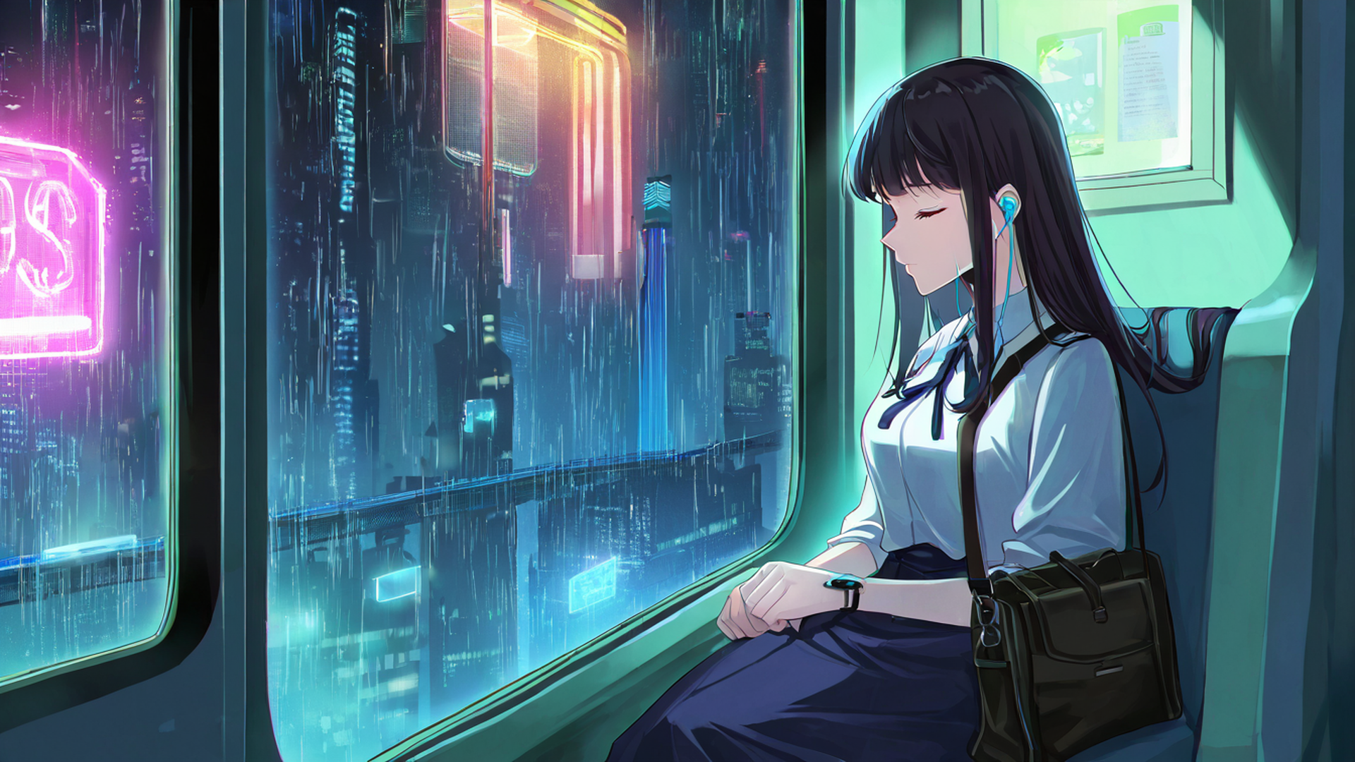cyberpunk girl train lofi wallpaper