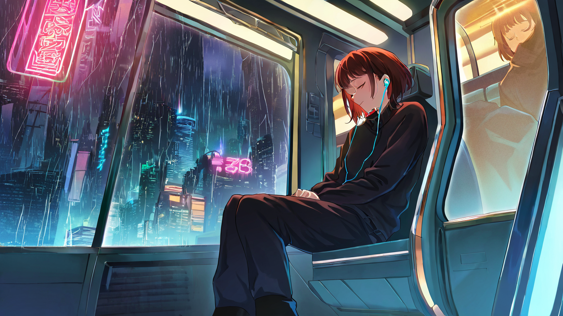 cyberpunk girl train lofi wallpaper
