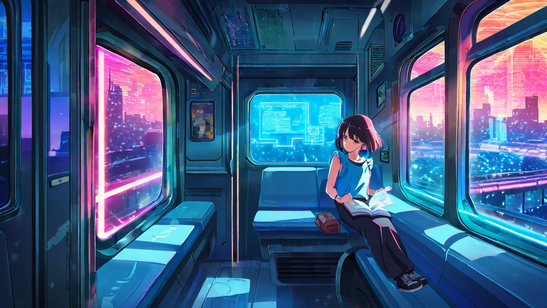 cyberpunk girl train lofi wallpaper