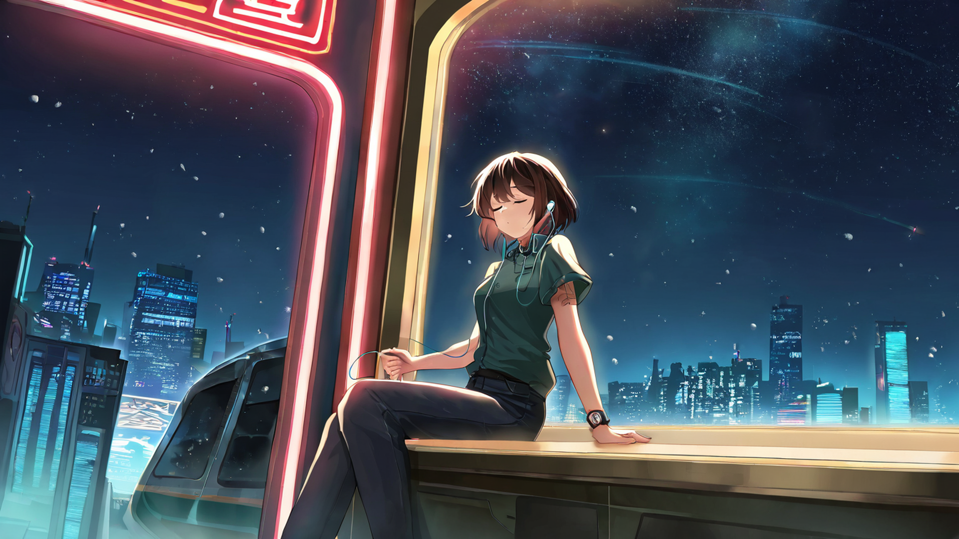 cyberpunk girl train lofi wallpaper