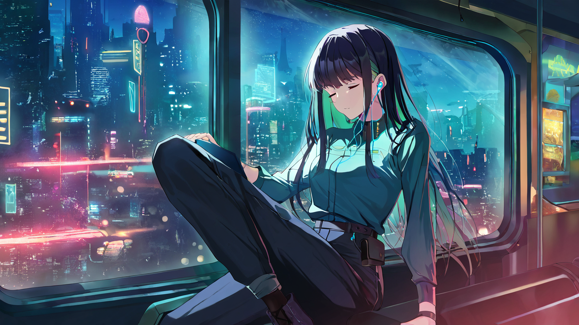 cyberpunk girl train lofi wallpaper