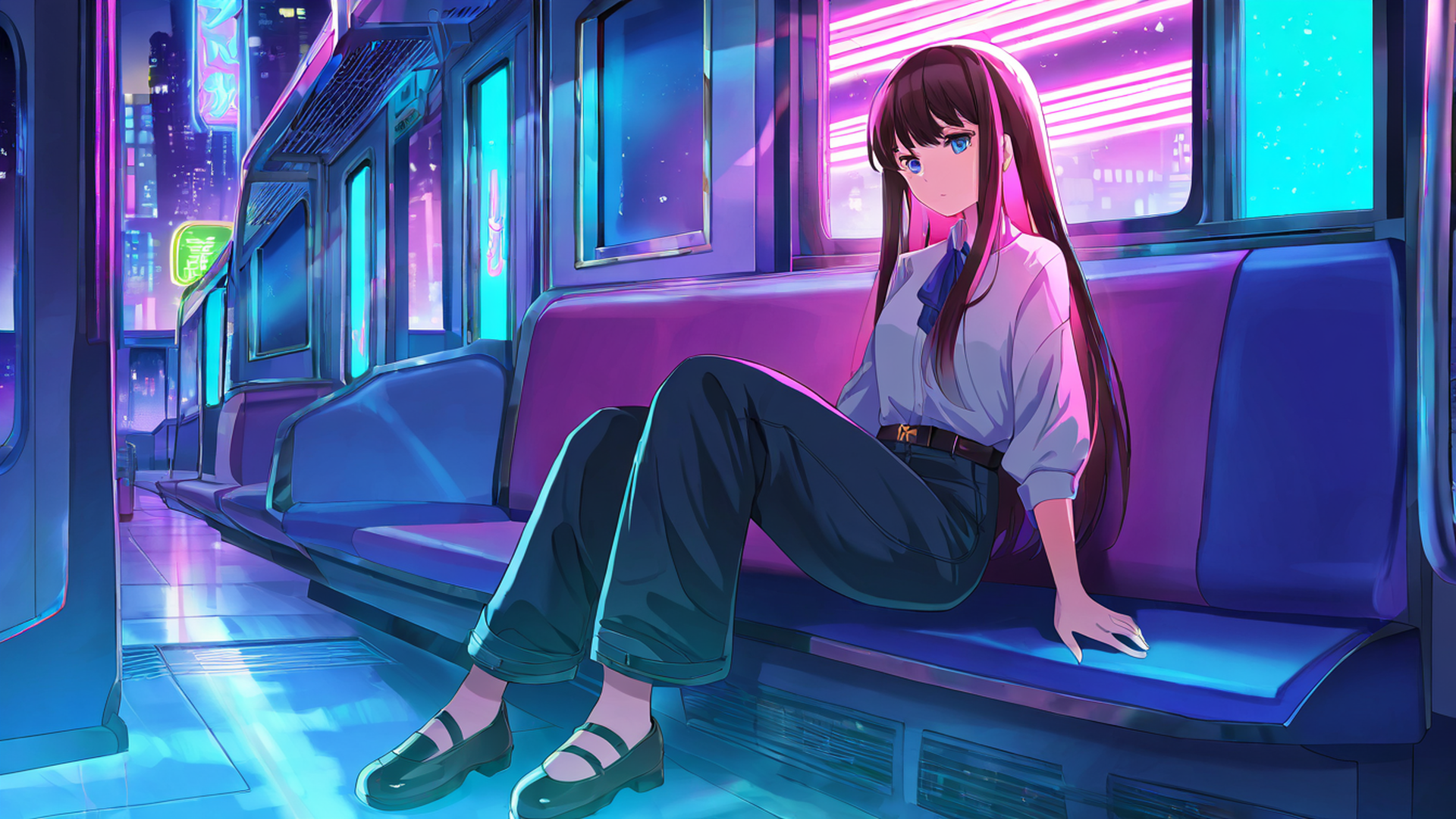 cyberpunk girl train lofi wallpaper