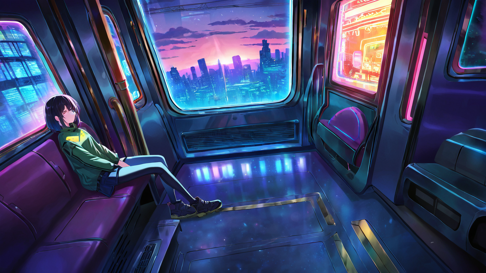 cyberpunk girl train lofi wallpaper