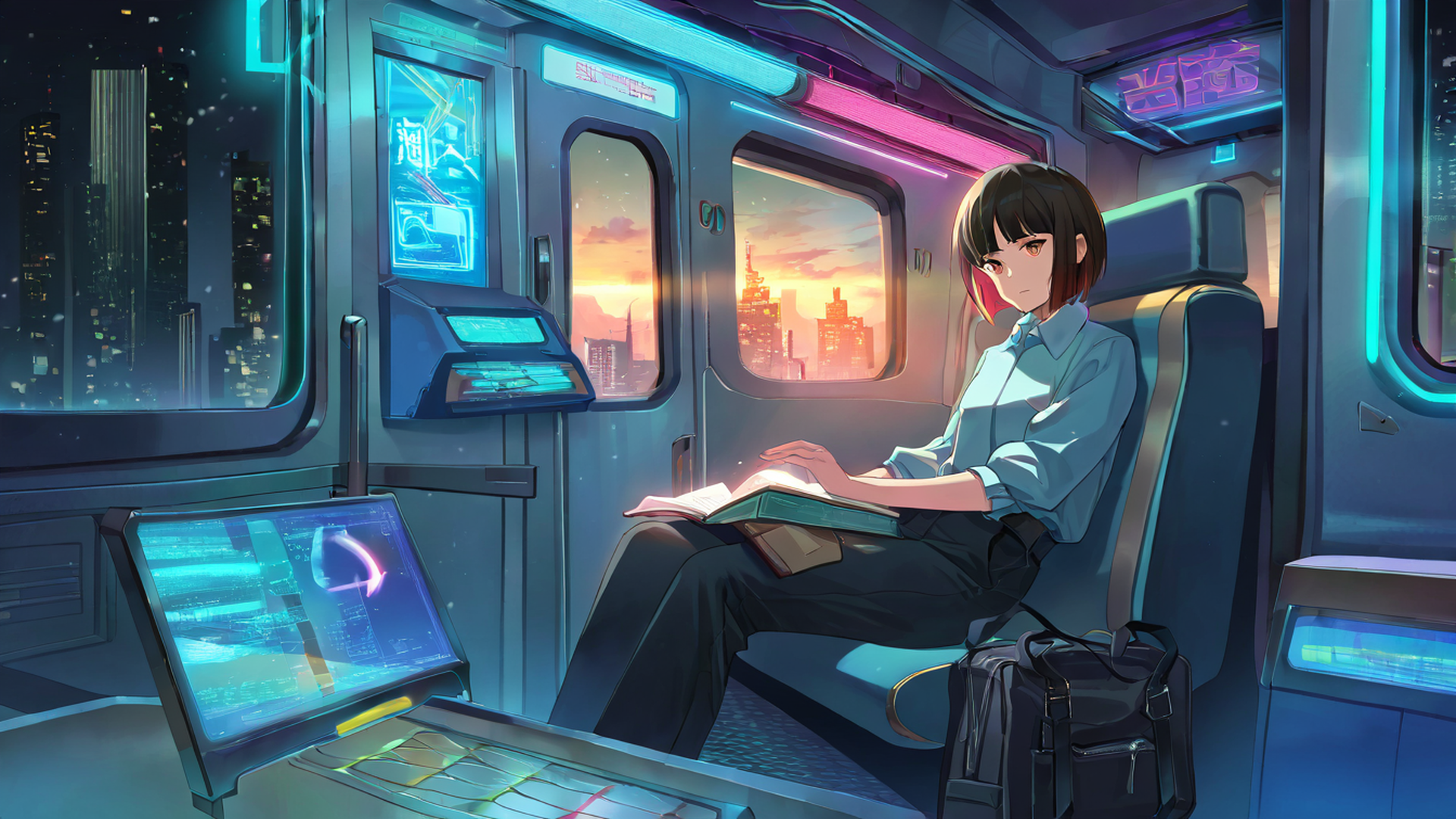 cyberpunk girl train lofi wallpaper
