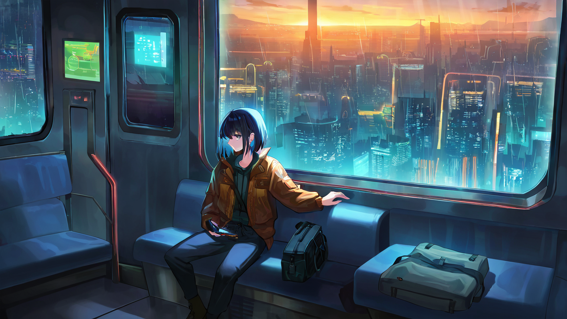 cyberpunk girl train lofi wallpaper