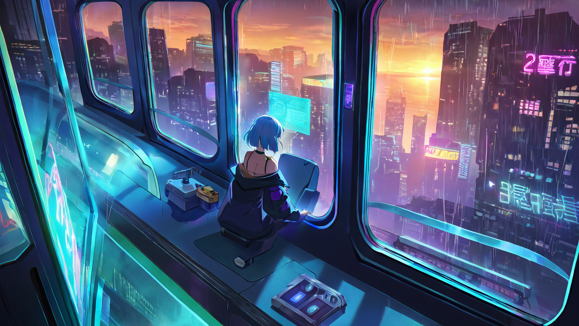 cyberpunk girl train lofi wallpaper