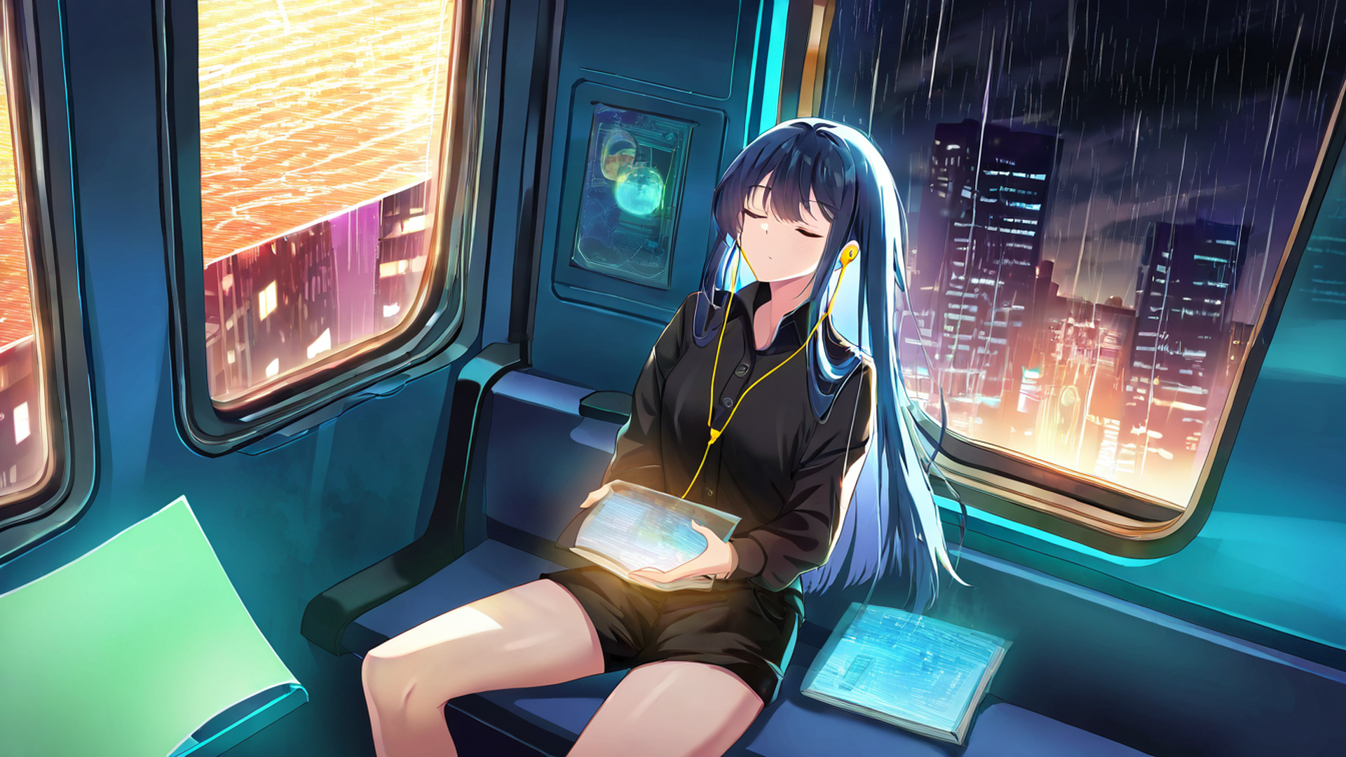 cyberpunk girl train lofi wallpaper