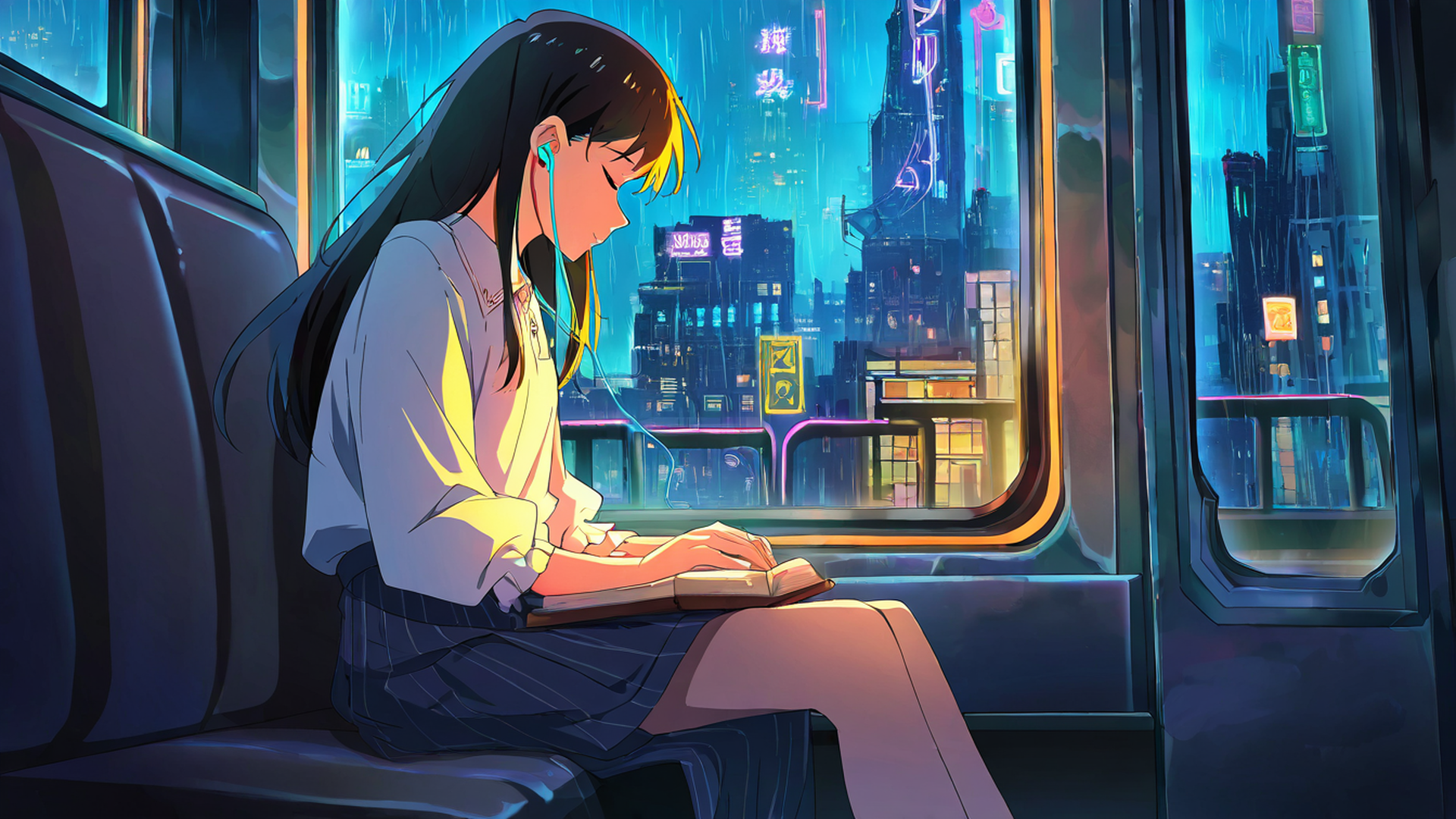 cyberpunk girl train lofi wallpaper