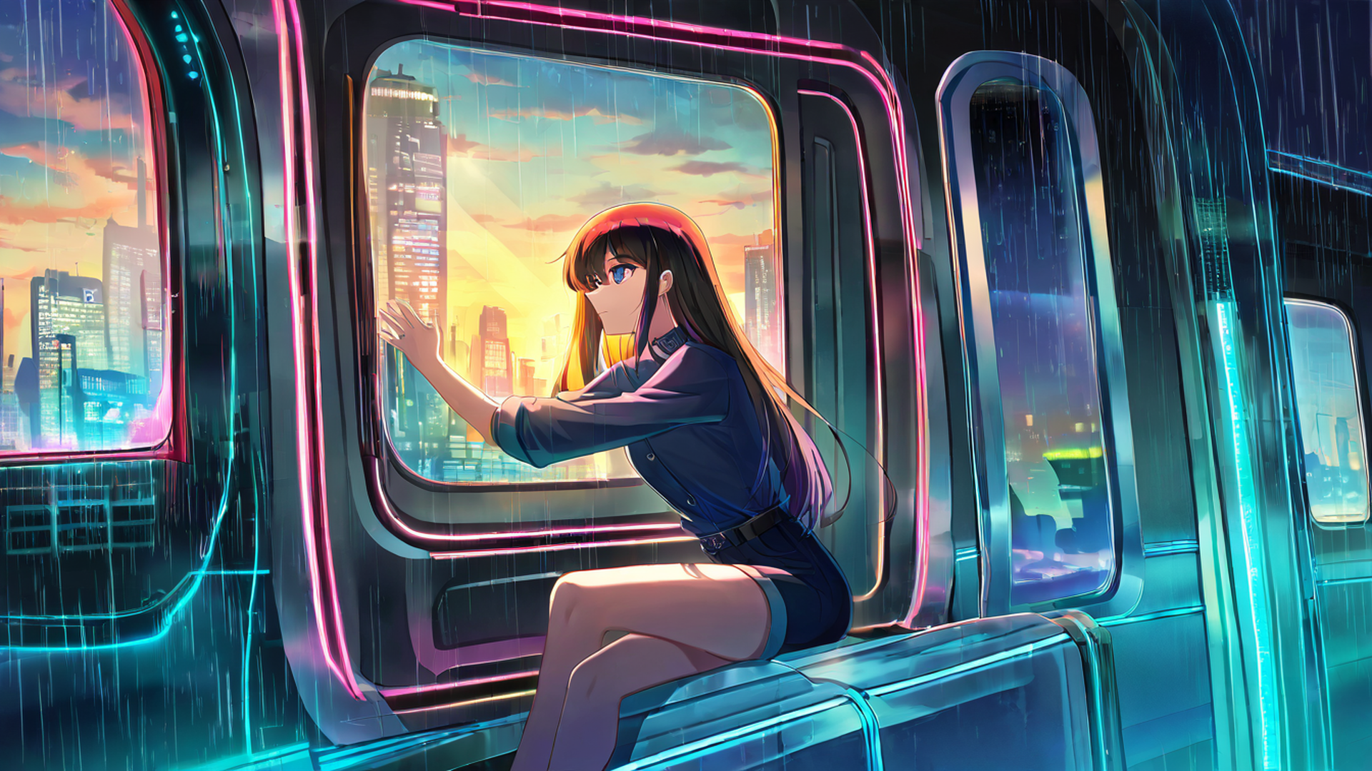 cyberpunk girl train lofi wallpaper