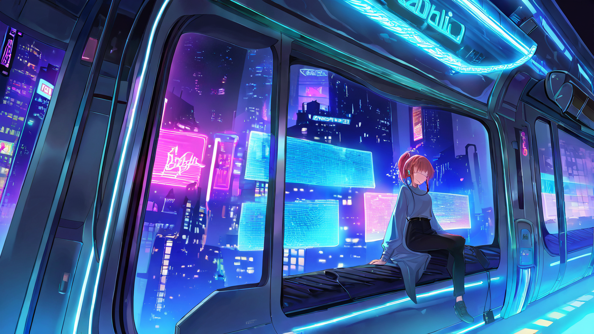 cyberpunk girl train lofi wallpaper