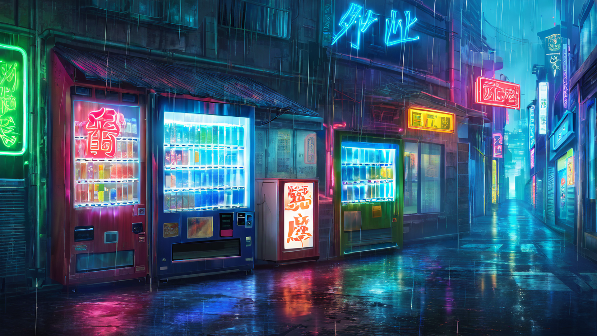 cyberpunk neon rain lofi wallpaper