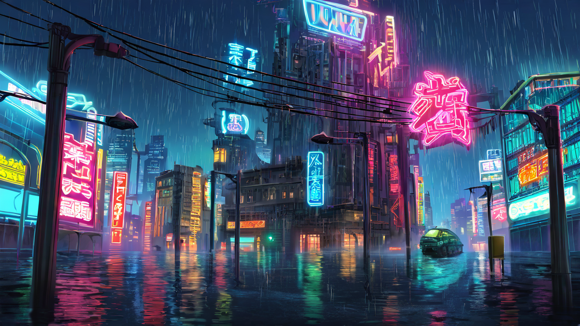 cyberpunk neon rain lofi wallpaper