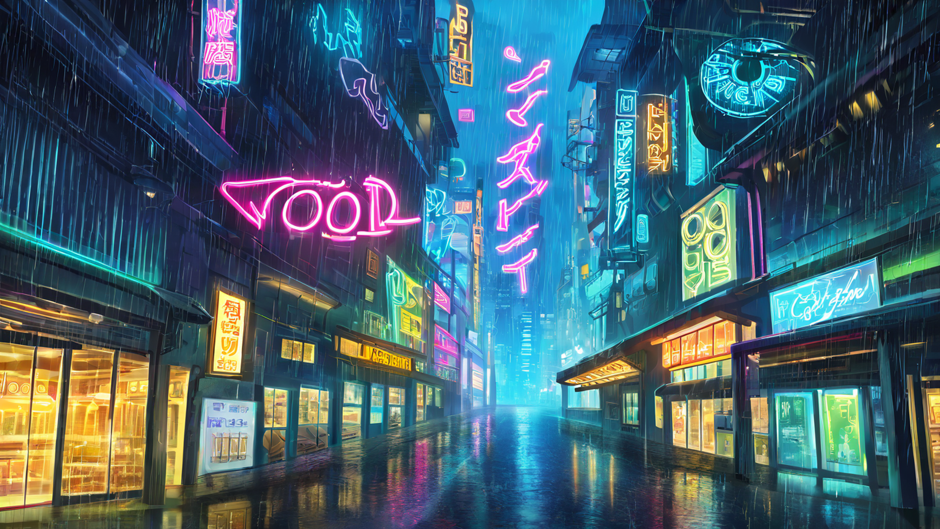 cyberpunk neon rain lofi wallpaper