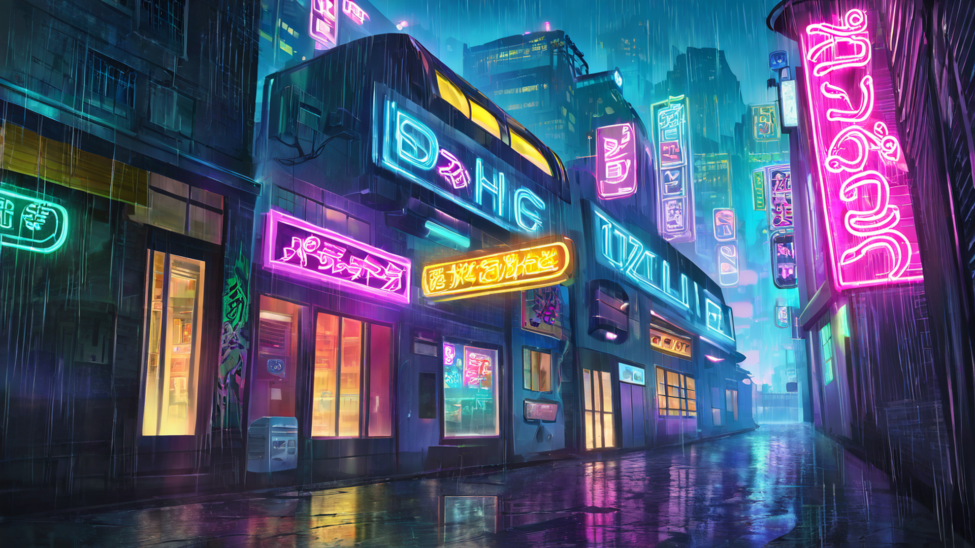 cyberpunk neon rain lofi wallpaper