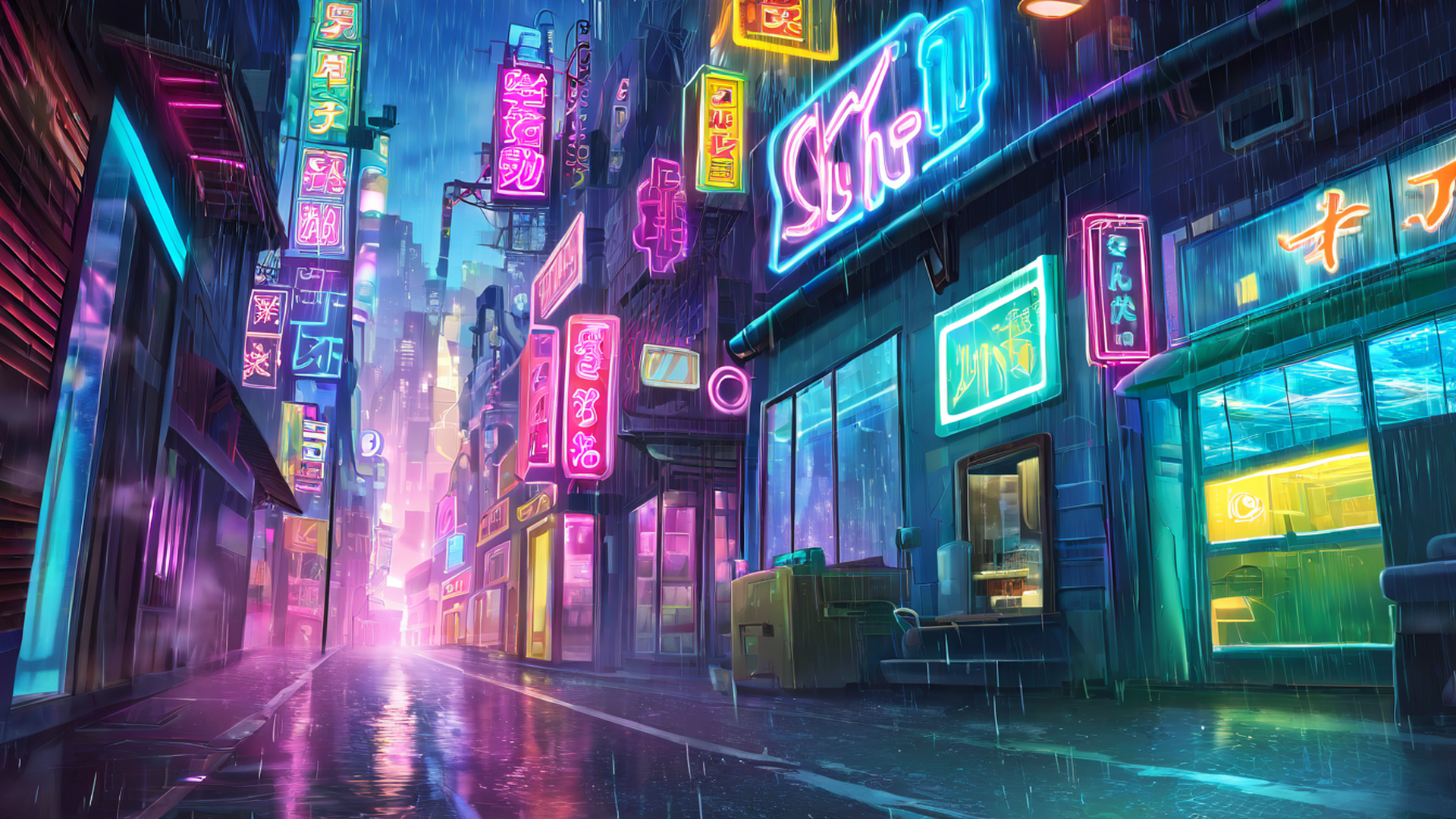cyberpunk neon rain lofi wallpaper