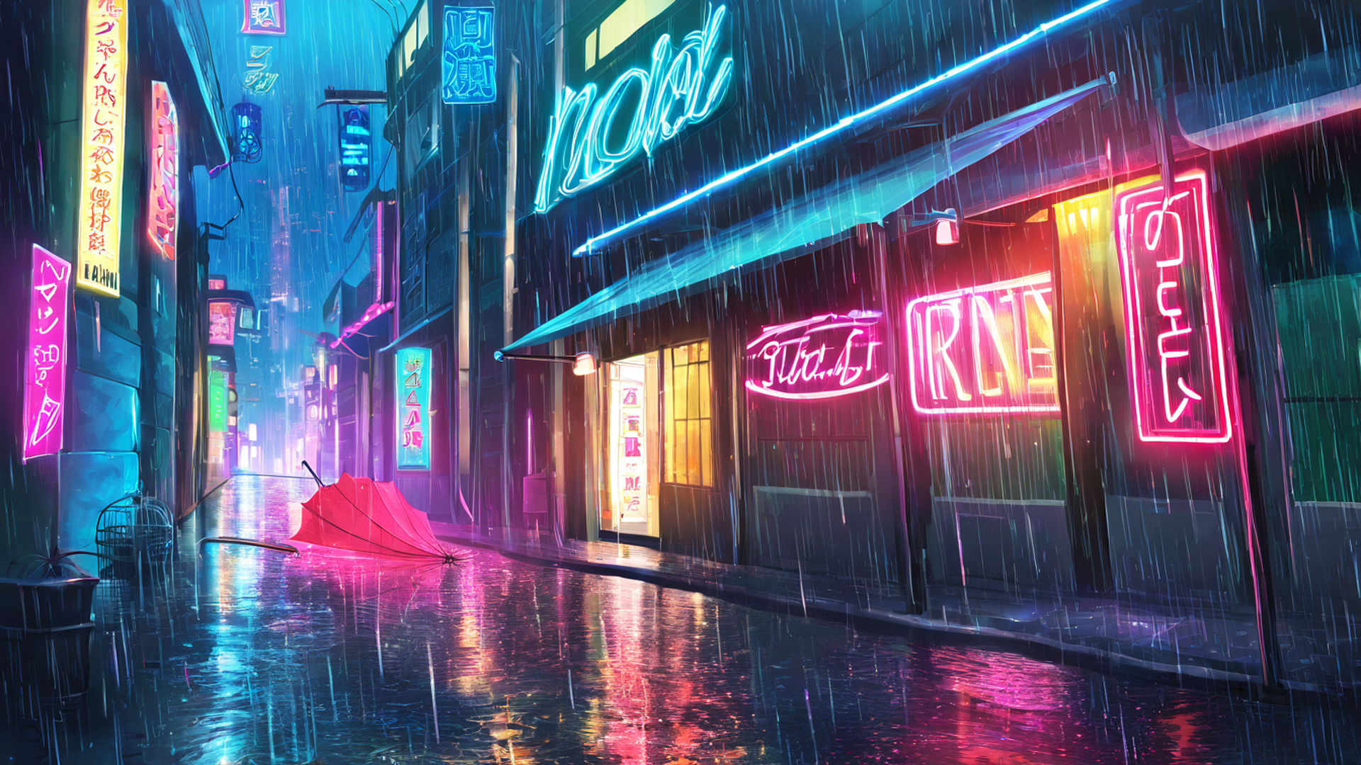 cyberpunk neon rain lofi wallpaper