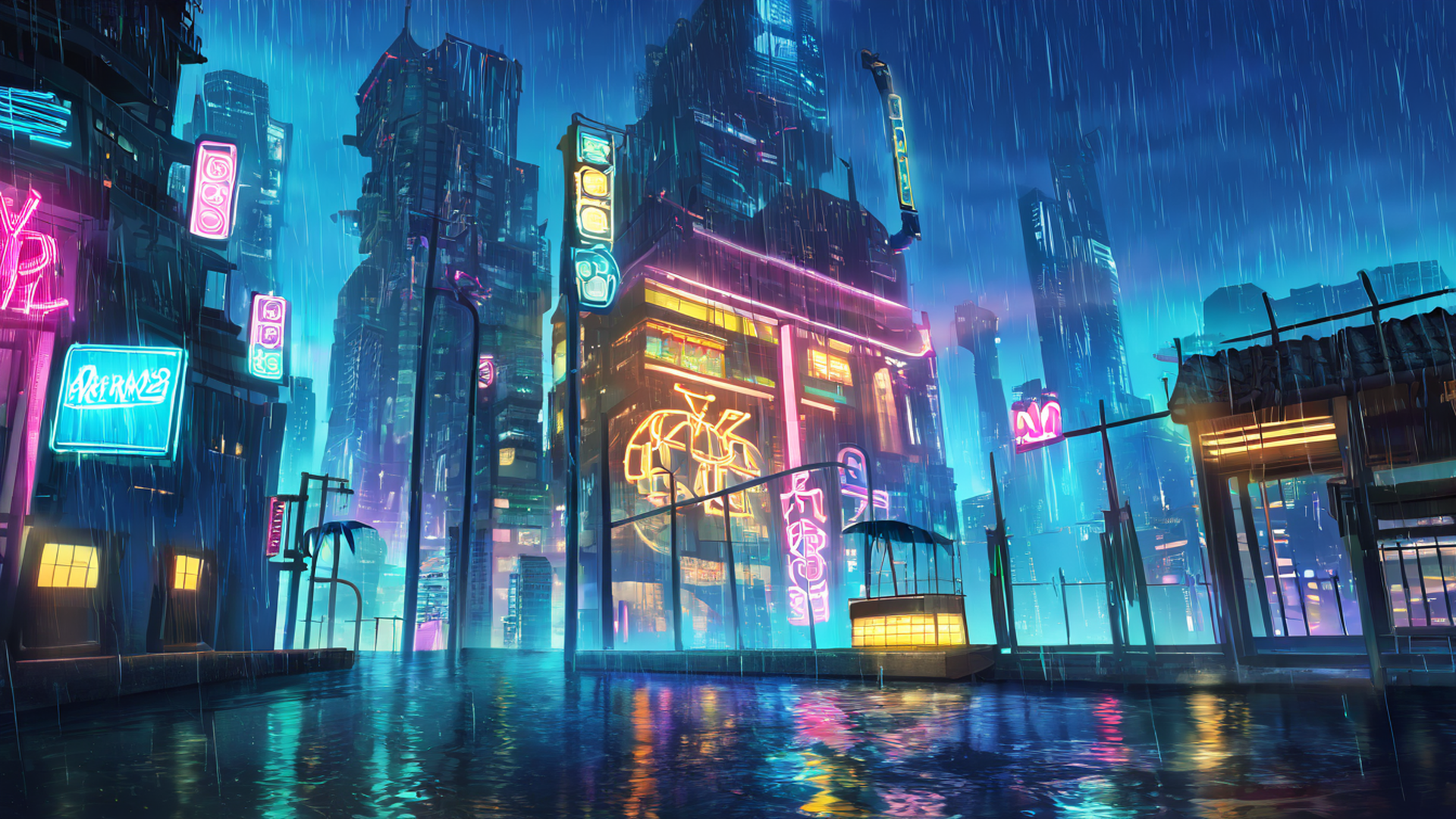 cyberpunk neon rain lofi wallpaper