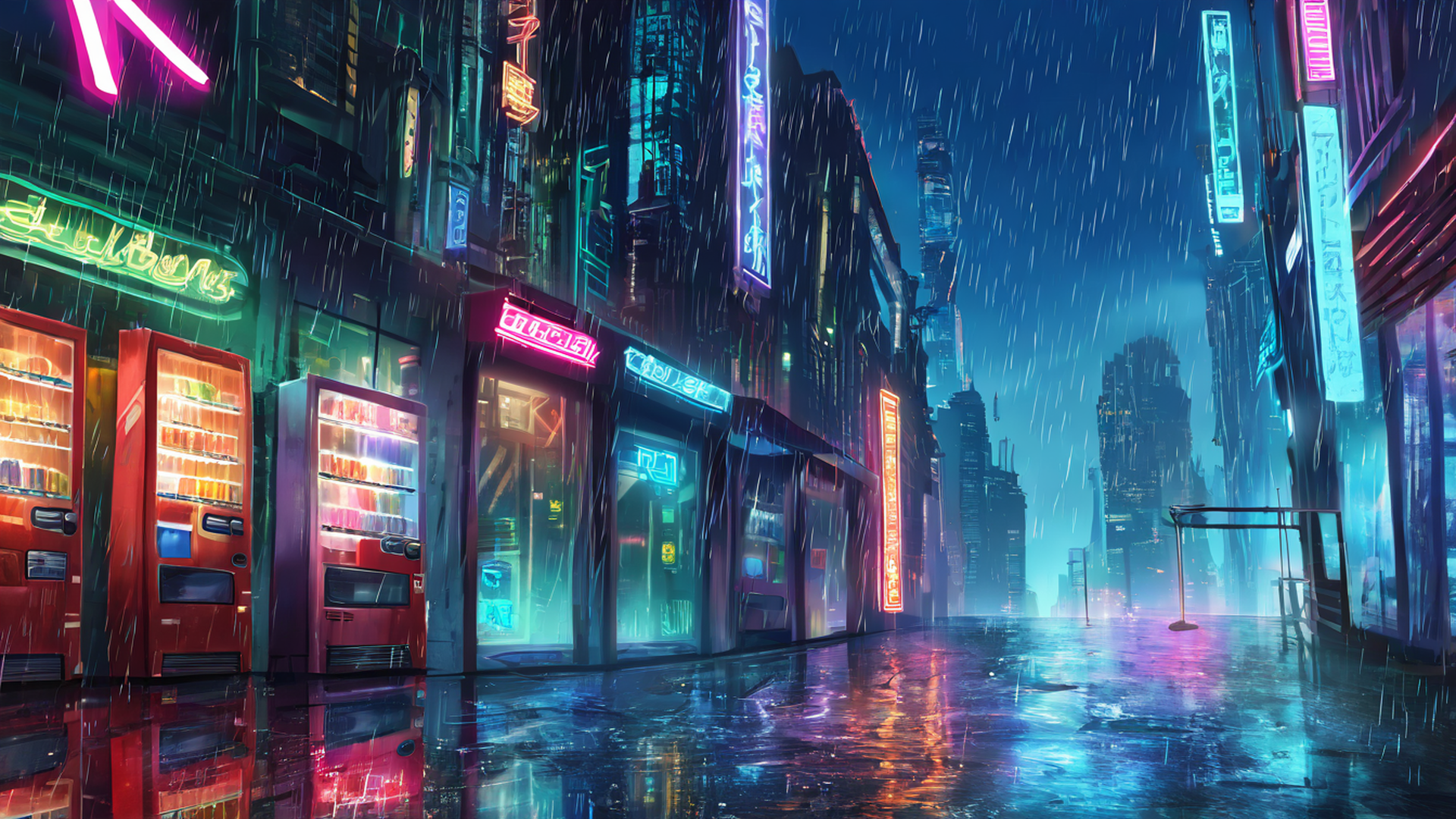 cyberpunk neon rain lofi wallpaper