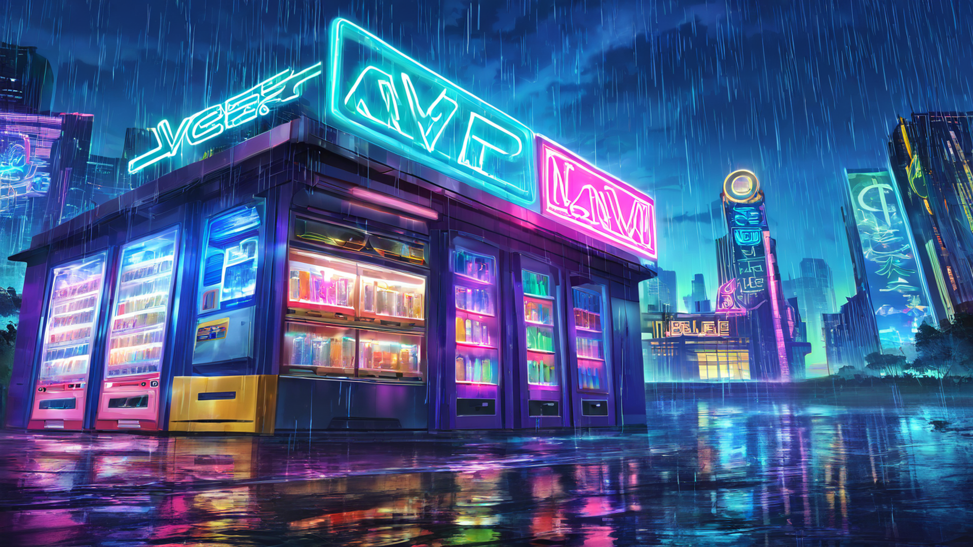 cyberpunk neon rain lofi wallpaper