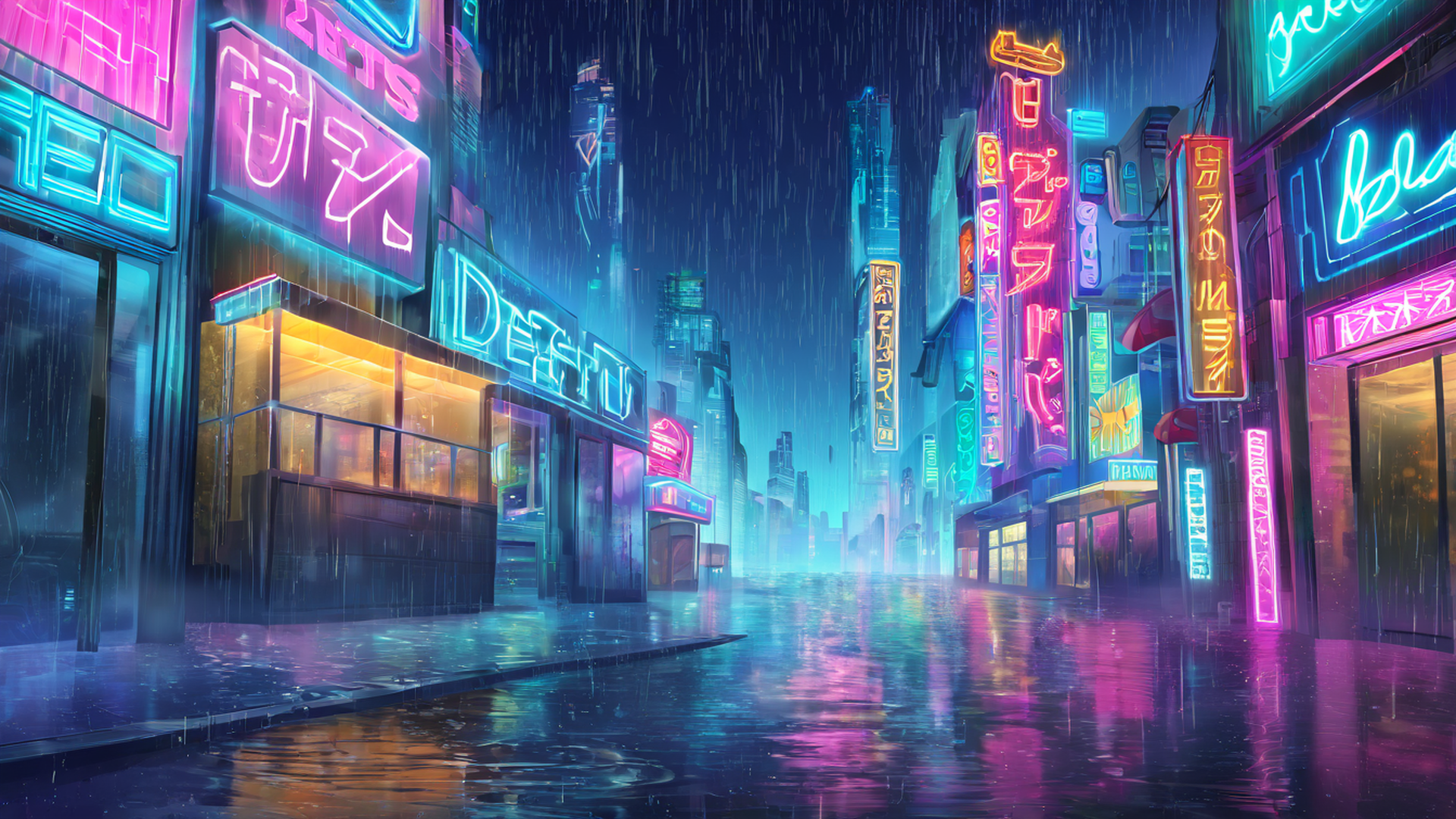 cyberpunk neon rain lofi wallpaper
