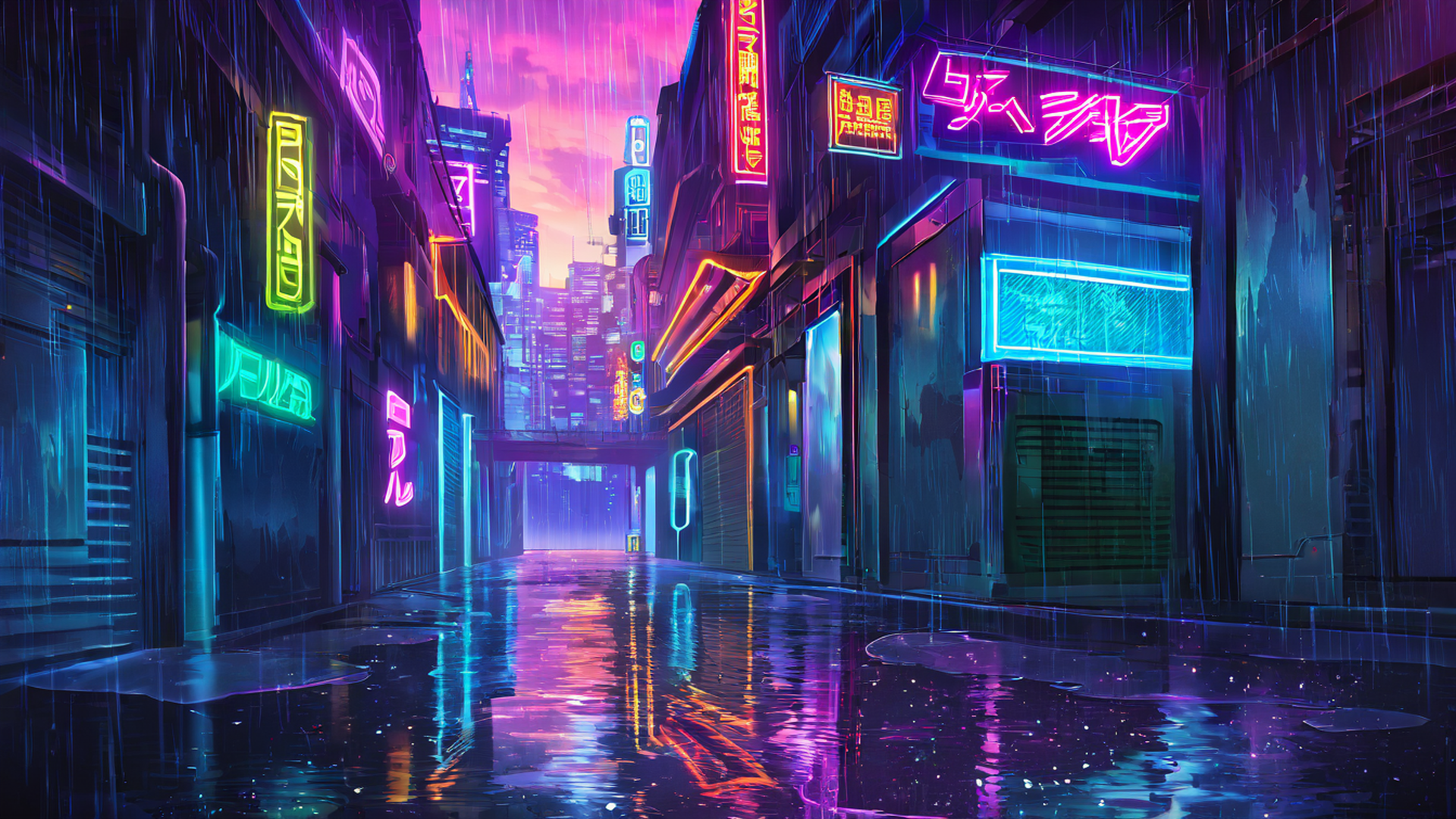cyberpunk neon rain lofi wallpaper