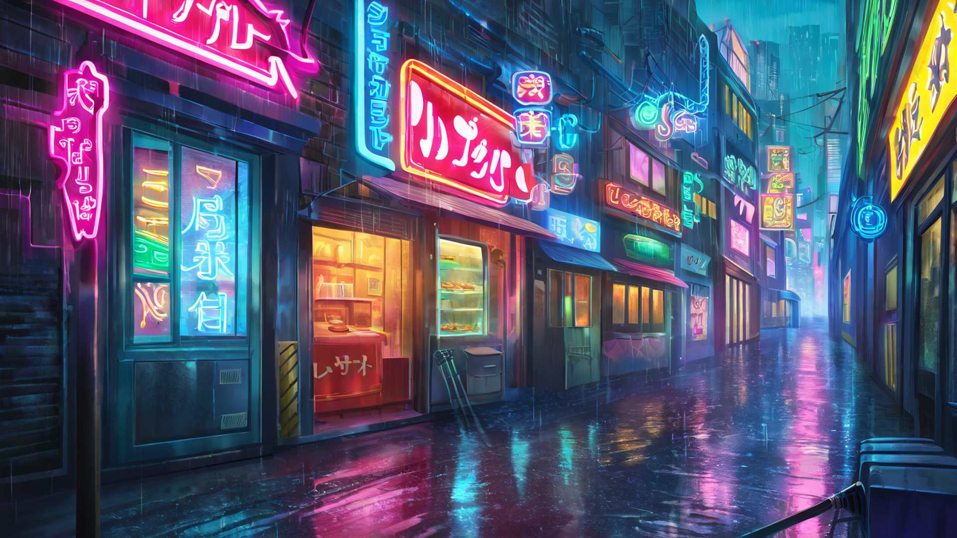 cyberpunk neon rain lofi wallpaper