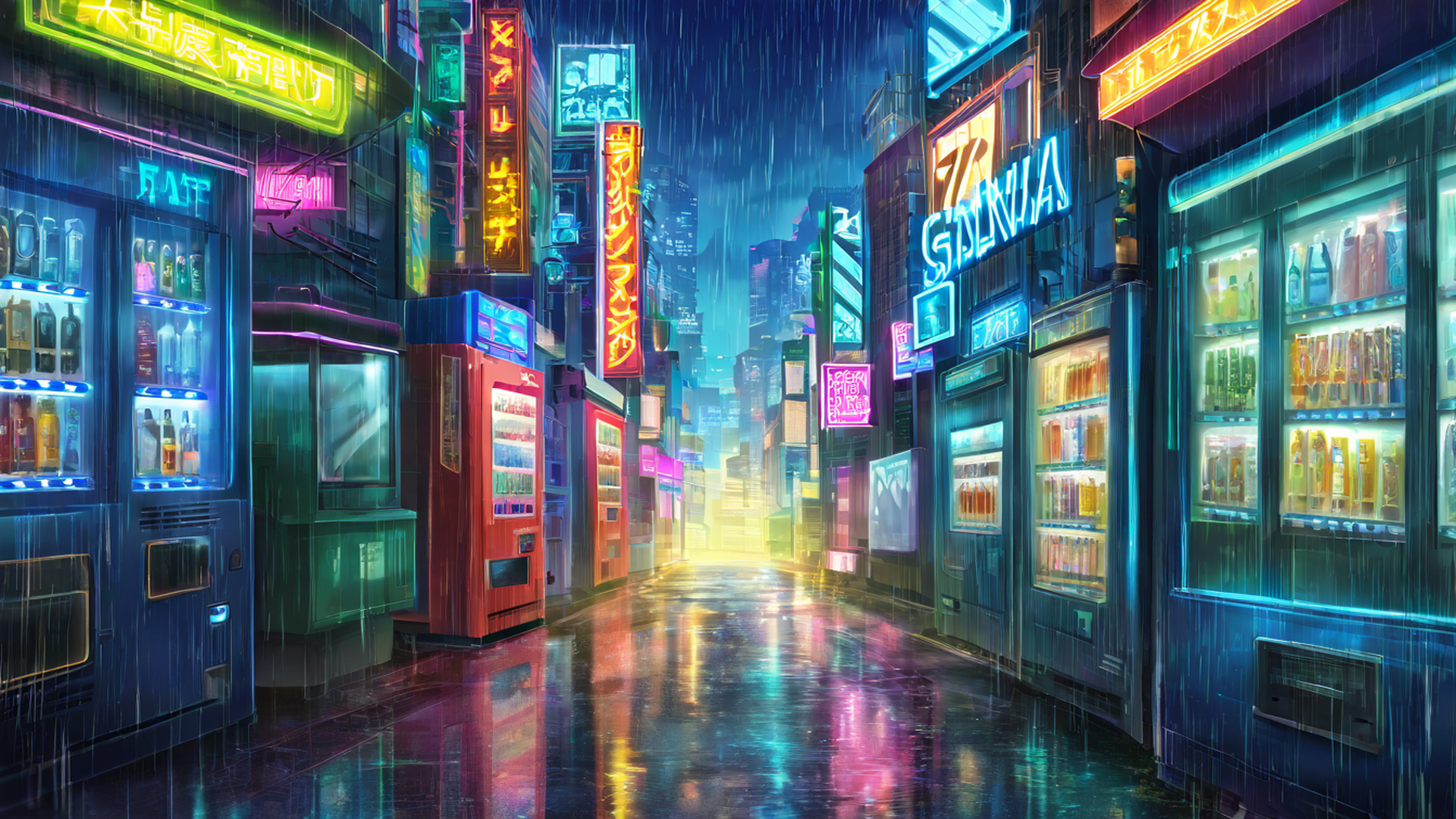 cyberpunk neon rain lofi wallpaper