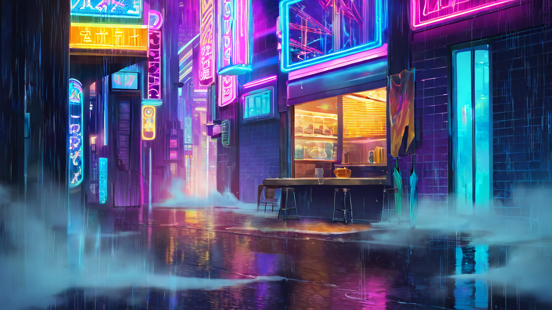 cyberpunk neon rain lofi wallpaper