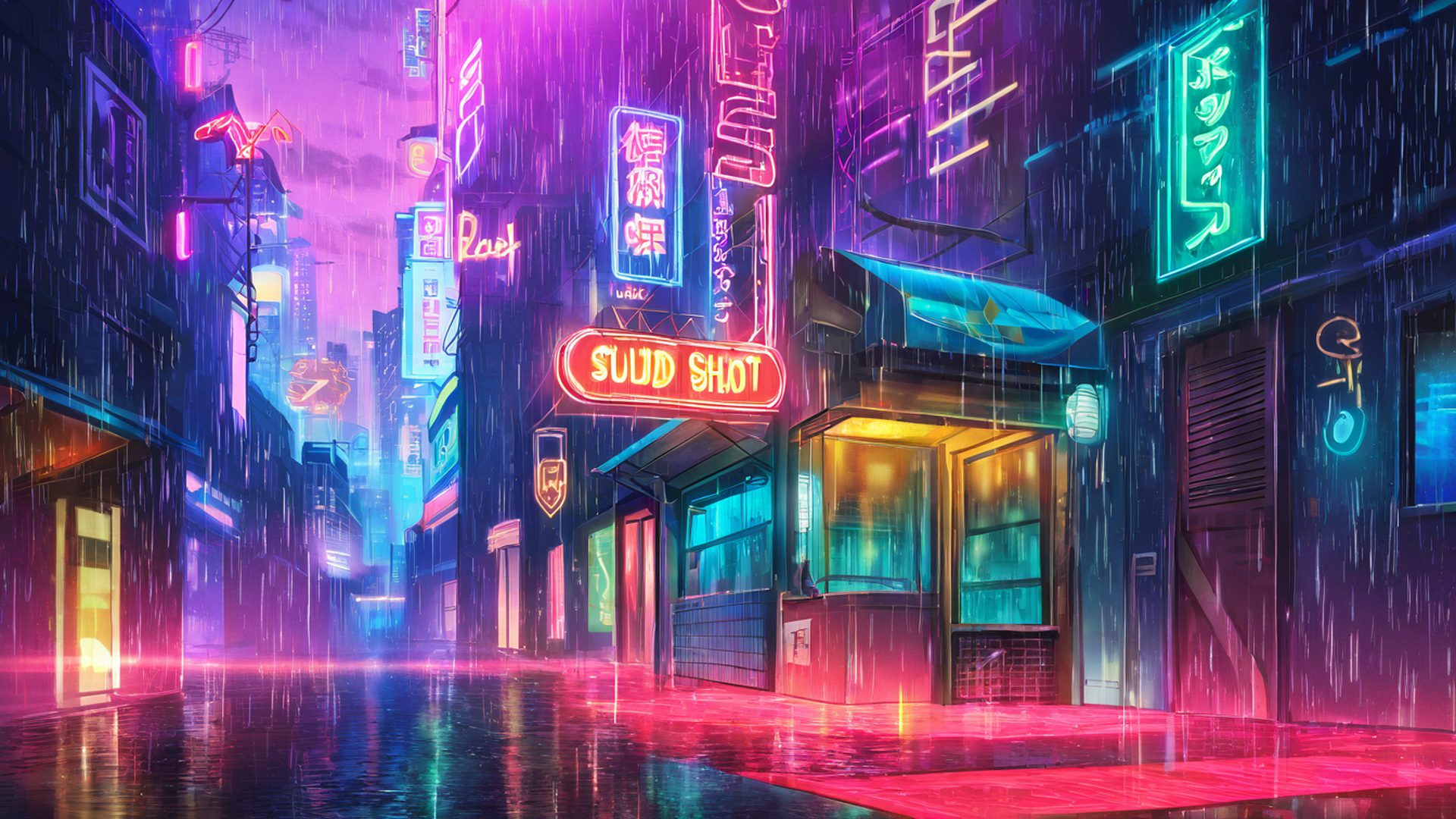 cyberpunk neon rain lofi wallpaper