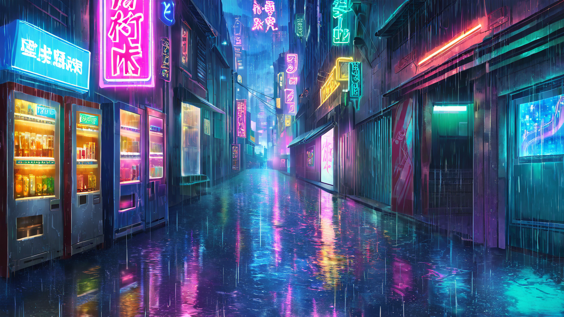 cyberpunk neon rain lofi wallpaper
