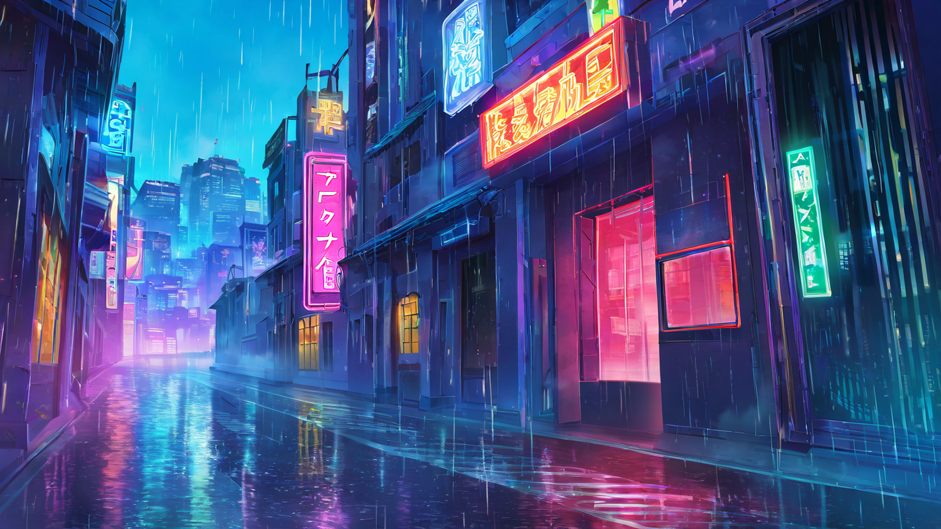 cyberpunk neon rain lofi wallpaper