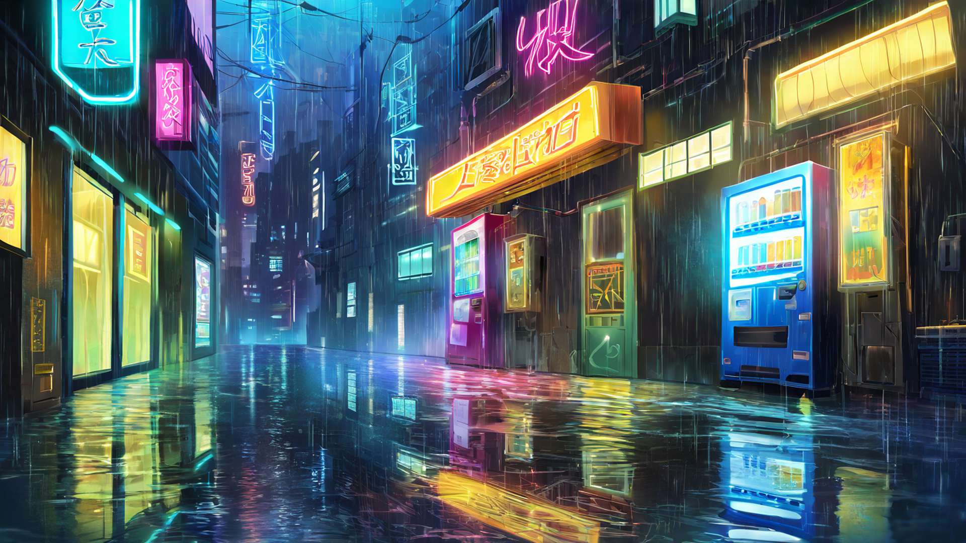 cyberpunk neon rain lofi wallpaper