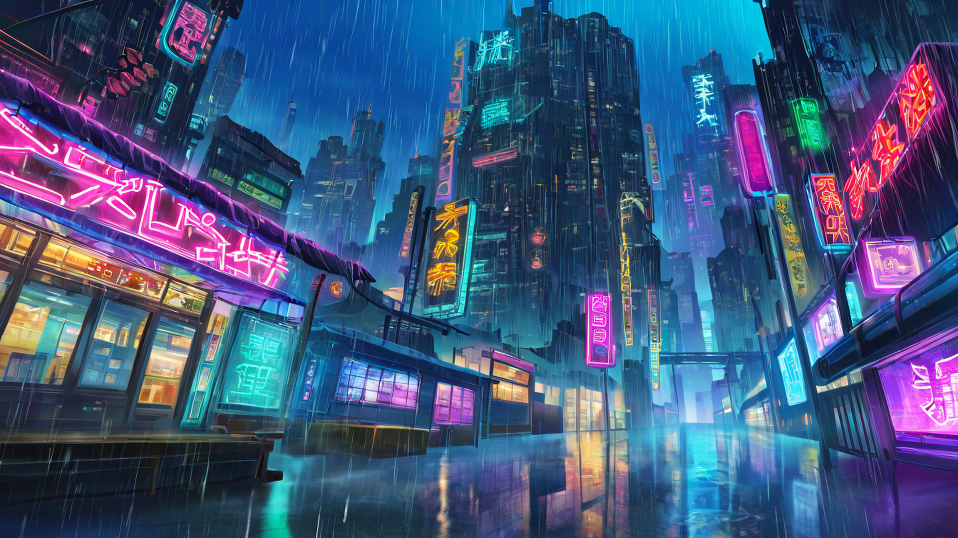 cyberpunk neon rain lofi wallpaper