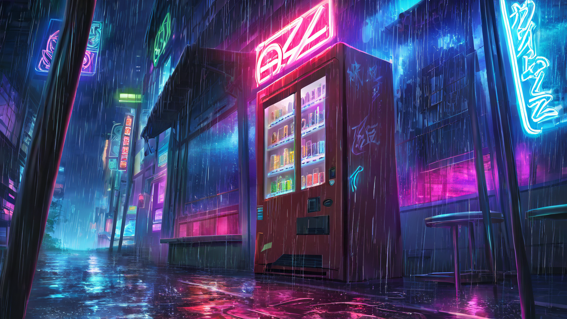cyberpunk neon rain lofi wallpaper