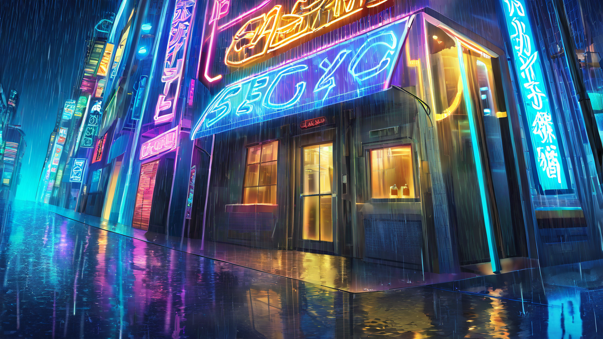 cyberpunk neon rain lofi wallpaper