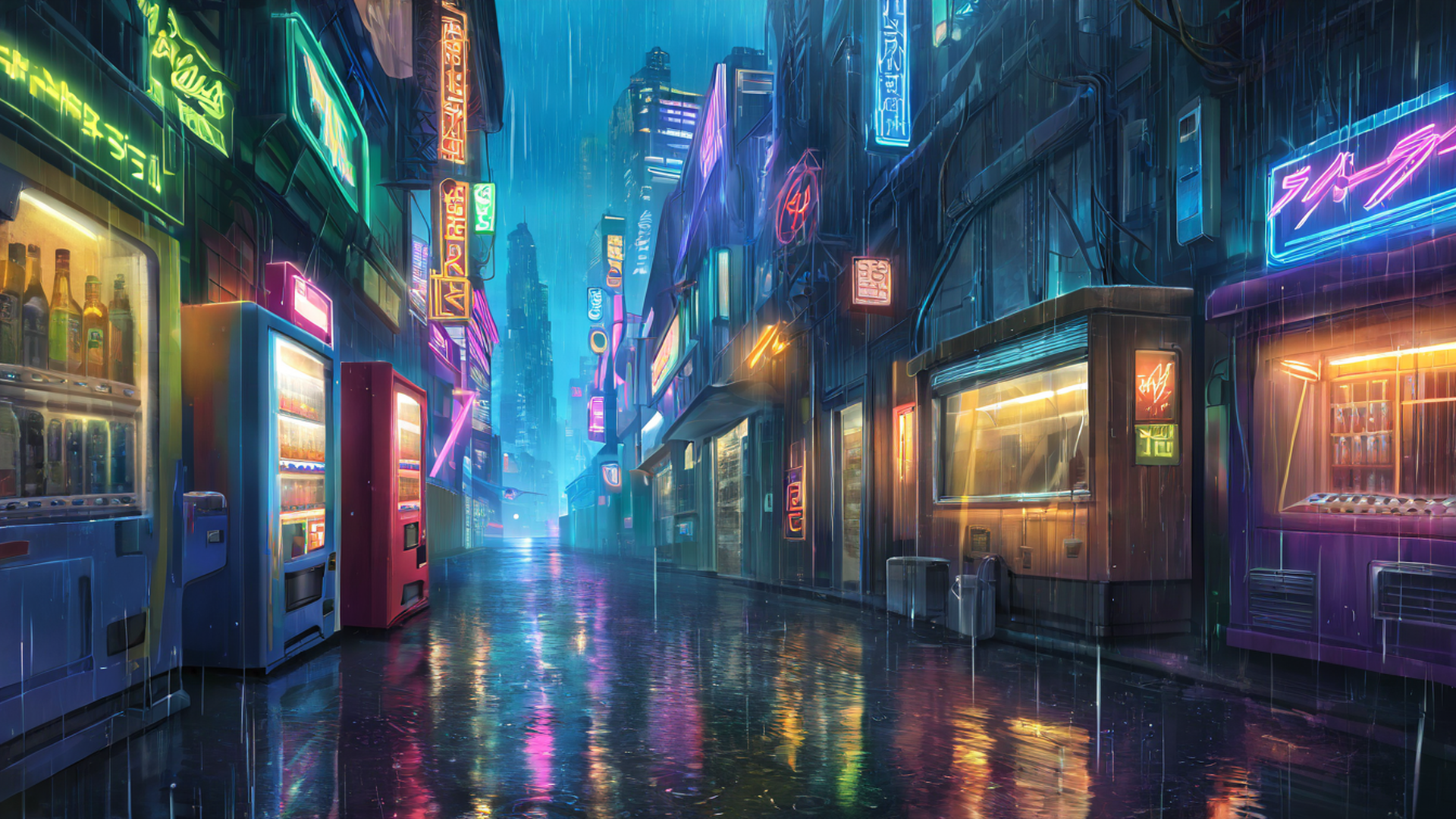 cyberpunk neon rain lofi wallpaper