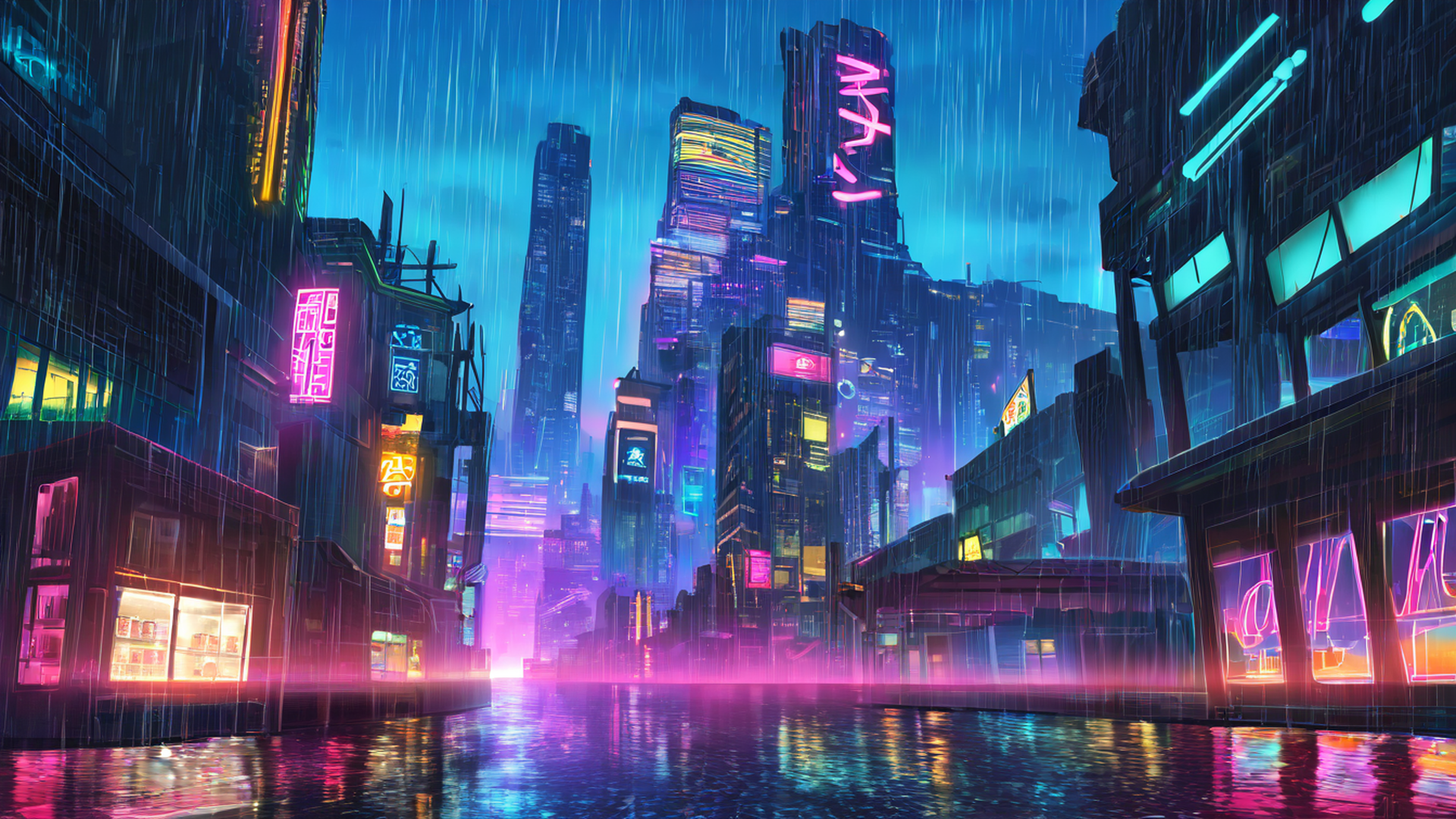 cyberpunk neon rain lofi wallpaper