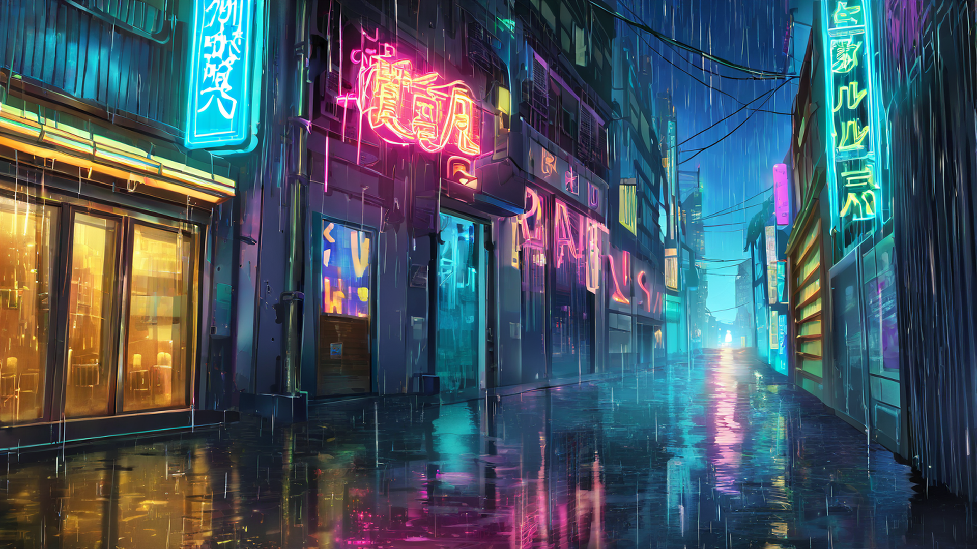 cyberpunk neon rain lofi wallpaper